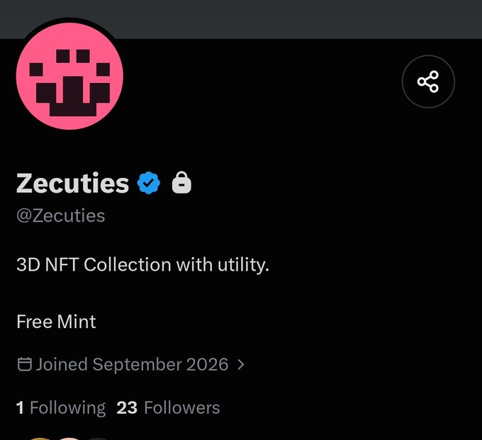 Twitter/X profile for 'Zecuties' (@Zecuties) with a verified blue check, describing a '3D NFT Collection with utility' offering a 'Free Mint', joined September 2026 with 23 followers.