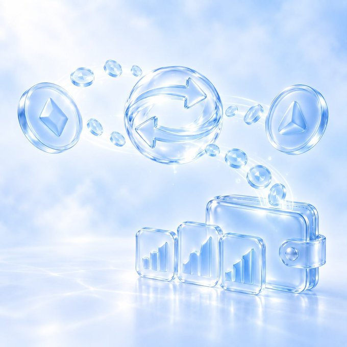 A translucent glass-like scene shows a central sphere with exchange arrows surrounded by floating crypto tokens (Bitcoin, Ethereum, and a third token), with bar charts and a wallet below them—visually echoing the caption's concept of routing ETH from one wallet to settle stock value in another, with a private link preserved between sender and receiver at mantaswap.tech.