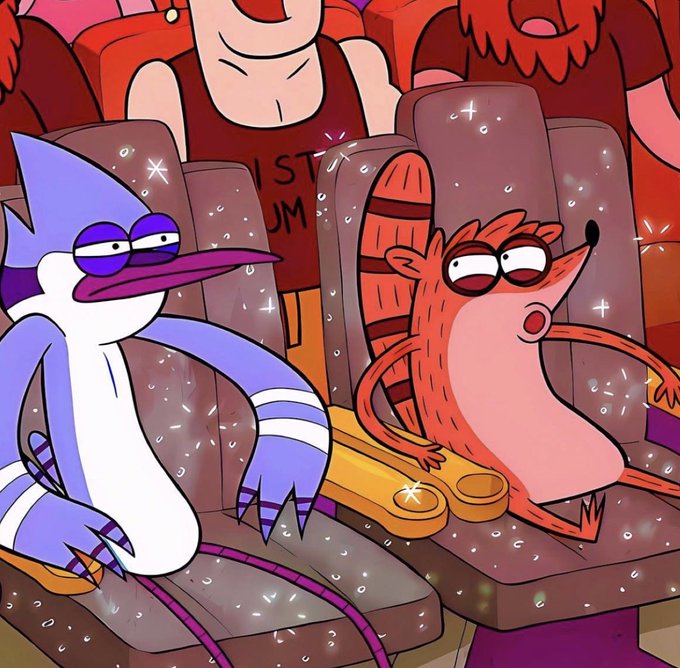 A cartoon scene shows a purple bird-like character and an orange raccoon sitting on airplane seats, both with bored or annoyed expressions.