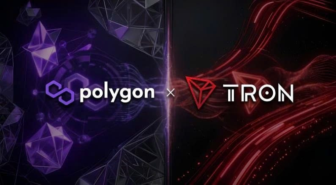 A promotional graphic showing the logos for 'Polygon' in purple on the left and 'TRON' in red on the right, separated by an 'x' symbol against a geometric and fiery background.