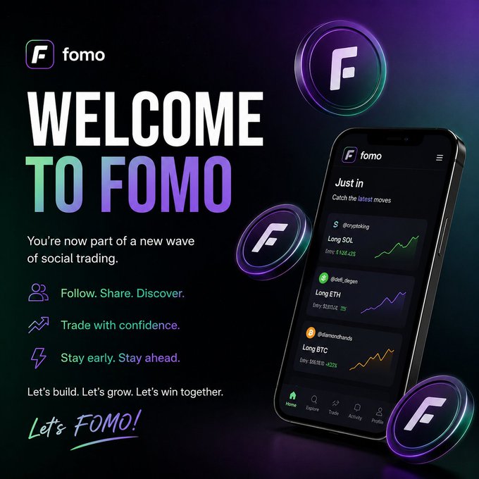 A welcome advertisement for 'fomo' featuring a phone displaying a social trading app with entries like 'Long SOL', 'Long ETH', and 'Long BTC'.