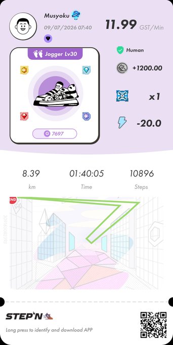 A STEP'N move-to-earn app screenshot for user 'Musyoku' showing 11.99 GST/Min earnings, Jogger Lv30 sneaker, 8.39 km walked in 01:40:05, 10886 steps, with a pink/purple color scheme.