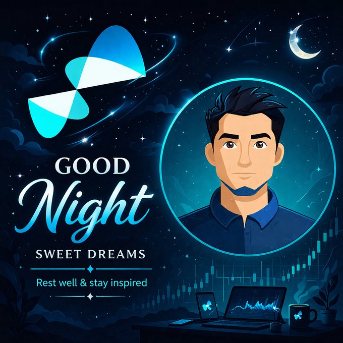The image features a man with dark hair wearing a blue shirt, sitting at a desk with two laptops open in front of him. The background shows a night sky filled with stars and a moon, creating an atmosphere of tranquility and inspiration. Below the scene is a message that reads "Good Night Sweet Dreams" followed by a quote about staying well-wishers and staying inspired.