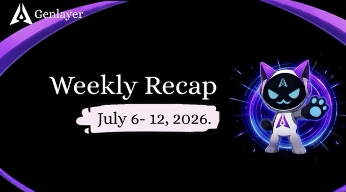 Genlayer 'Weekly Recap' graphic for July 6-12, 2026, featuring a cat mascot character in a white and purple suit with a Genlayer logo on its chest.