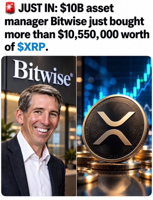 A news graphic with a breaking news emoji states 'JUST IN: $10B asset manager Bitwise just bought more than $10,550,000 worth of $XRP', featuring a photo of a man next to a Bitwise logo and an XRP coin.
