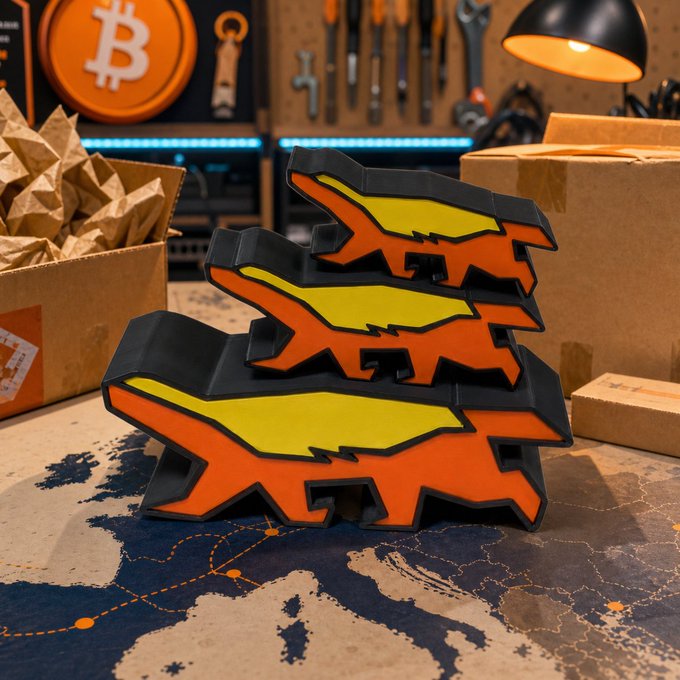 Three stacked orange and yellow Honey Badger figurines sit on a world map, surrounded by packing materials, tools, and a Bitcoin logo in the background. The image ties to the post's "Bitcoin Honey Badger. Still does not care" theme by visually embodying the crypto mascot's fearless, unbothered attitude toward Bitcoin, with the ₿ symbol reinforcing the cryptocurrency reference.