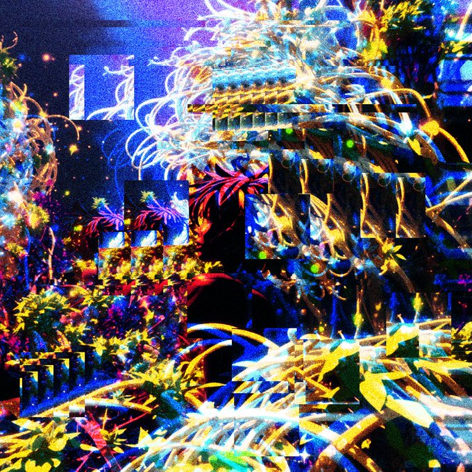 A vibrant, glitch-style digital artwork featuring swirling cosmic and botanical motifs in electric blues, yellows, and purples, fragmented into offset panels reminiscent of nebula imagery—visually echoing the "Nebula's Grotto" NFT collection being celebrated in the post for a successful edition sale on objkt.com.