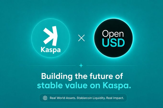 Promotional graphic on a teal background featuring the Kaspa and OpenUSD logos with the text 'Building the future of stable value on Kaspa' and 'Real World Assets. Stablecoin Liquidity. Real Impact.'