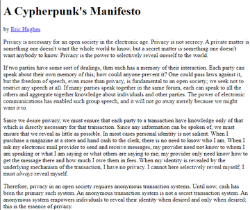 A document titled 'A Cypherpunk's Manifesto' by Eric Hughes, displaying text about the necessity of privacy in an open society.