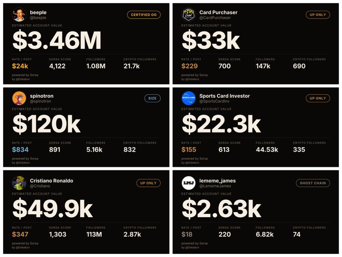 A dashboard displaying estimated account values for six Twitter/X accounts including beagle ($3.46M), Card Purchaser ($33k), spintron ($120k), Sports Card Investor ($22.3k), Cristiano Ronaldo ($49.9k), and lememe.lames ($2.63k), powered by Sosa.
