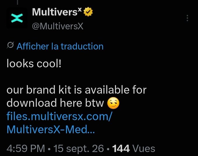 A tweet from MultiversX (@MultiversX) responding with 'looks cool!' and mentioning that their brand kit is available for download at files.multiversx.com.