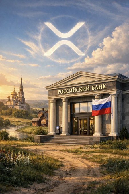 A digitally created scene depicts a classical bank building with Russian flags and Cyrillic text reading "РОССИЙСКИЙ БАНК" (Russian Bank), with a glowing XRP (Ripple) logo in the sky above, set in a rural landscape with a church in the background.