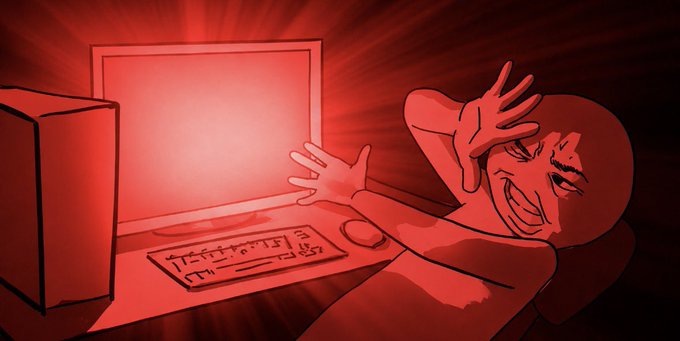 A red-toned illustration of a distressed bald man shielding his eyes from a glowing computer monitor on a desk.