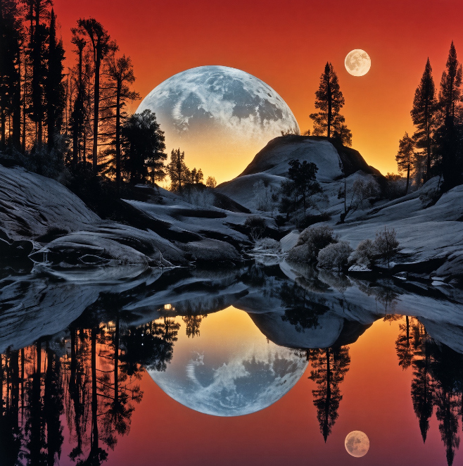 A surreal landscape featuring a large moon over rocky terrain and pine trees, reflected perfectly in still water against an orange sunset sky.