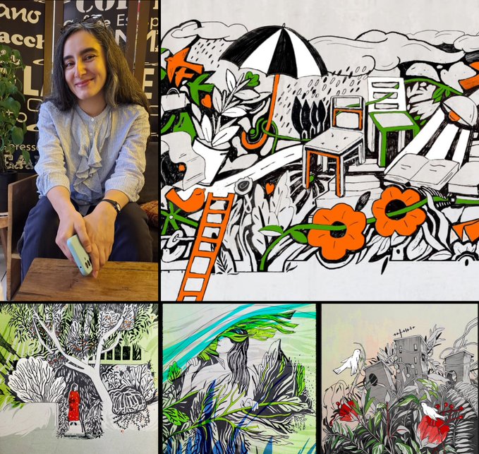 A collage featuring a young woman with dark hair seated in a café alongside several of her vibrant illustrations depicting flowers, landscapes, and architectural scenes in green, orange, and black.