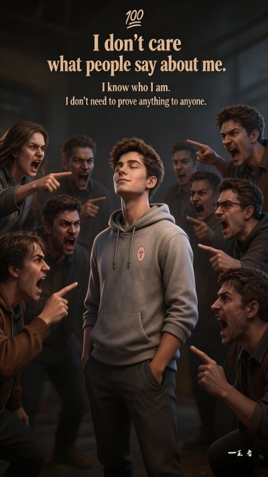 An illustration depicts a calm young man in a gray hoodie standing confidently while surrounded by angry people pointing and yelling at him, with text reading 'I don't care what people say about me. I know who I am. I don't need to prove anything to anyone.'