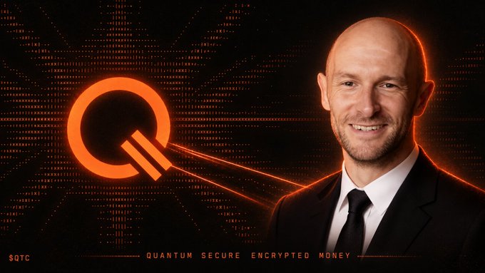 A bald man in a black suit smiles beside an illuminated orange quantum coin logo, with "$QTC" and "QUANTUM SECURE ENCRYPTED MONEY" displayed against a dark, data-textured backdrop. The image visually frames the post's pitch of $QTC (Quantus Network) as a post-quantum-secure alternative to $ZEC, highlighting its role in the "21M supply cap, proof of work" comparison.