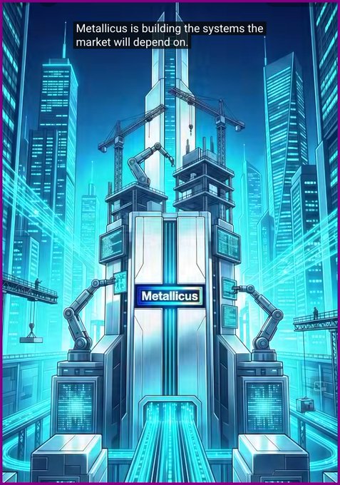 The image features a futuristic cityscape with metallic buildings that are being constructed using robots, giving them a metallic appearance. The city has a blend of traditional architecture and modern technology, creating an interesting contrast between old and new elements. The caption above the image reads "Metallicus Is Building What the Market Will Depend On While much of crypto focuses on speculation, Metallicus is focused on infrastructure". This suggests that Metallicus is not only building these futuristic buildings but also focusing on developing infrastructure for credit unions and banks to issue stablecoins and provide payment services.