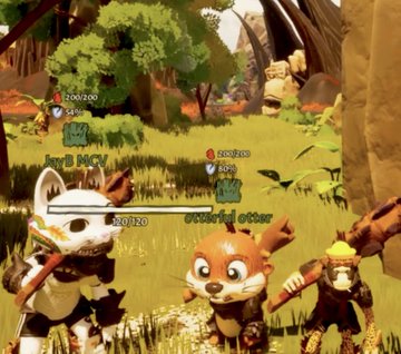 A screenshot from a video game featuring cute anthropomorphic animal characters (including a fox named 'sneaky otter') in a grassy field, with health bars and inventory icons visible on screen.
