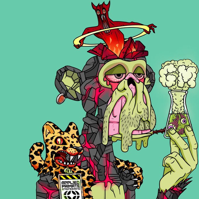 A vibrant cartoon illustration featuring a green zombie-like character with a cactus growing out of its head, standing with a small fierce leopard and a yellow flask, with text 'APPLIED PRIMATE ENGINEERING' visible on a sign.