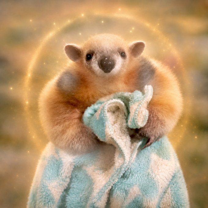 A cute, AI-generated fluffy bear-like creature wrapped in a teal and cream patterned blanket, surrounded by a glowing golden halo.