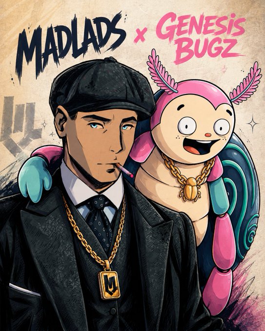 Illustration titled 'MADLADS x GENESIS BUGZ' featuring a sharply-dressed man in a flat cap and suit smoking a cigarette, accompanied by a pink cartoon character with antennae wearing a gold chain.