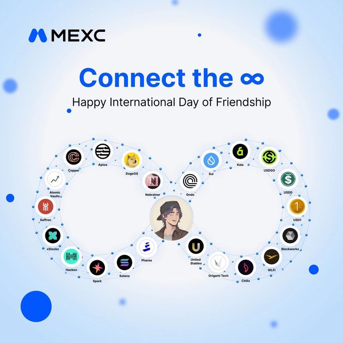 A MEXC cryptocurrency exchange promotional graphic reading 'Connect the ∞ Happy International Day of Friendship,' featuring various cryptocurrency and token logos (DogeOS, Sui, Kaia, USDD, Ondo, Solana, etc.) connected in an infinity-shaped network around a central figure.