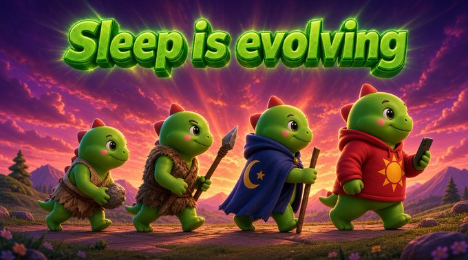 An illustration of four cartoon dinosaurs showing evolutionary progression wearing tribal clothing, holding a spear and a phone, with the text "Sleep is evolving" above them against a sunset sky.