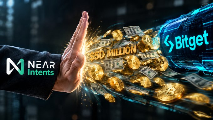 A promotional graphic featuring the NEAR Intents logo on a hand blocking a flow of Bitcoin and dollar bills, alongside the Bitget logo and the text "$50 MILLION".