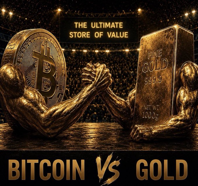 A golden 3D graphic shows muscular arms arm-wrestling between a 'BITCOIN' coin and a 'FINE GOLD 999.9' bar under a banner reading 'THE ULTIMATE STORE OF VALUE', captioned 'BITCOIN VS GOLD'.