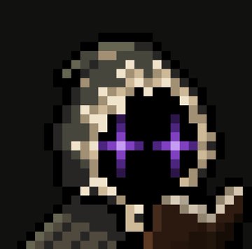 A pixel art character wearing a hooded cloak, with glowing purple cross-shaped eyes against a black background.