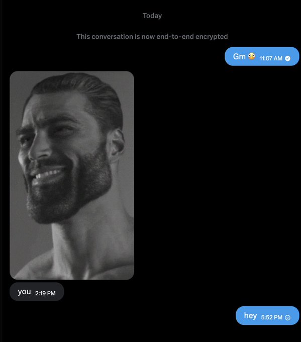A dark-mode iMessage conversation shows an exchange where someone first sends a black-and-white portrait of a bearded man at 2:19 PM, followed by "hey" at 5:52 PM, with "Gm" sent at 11:07 AM. The image appears unrelated to the post's discussion about Sling's $GIGA token development plan.