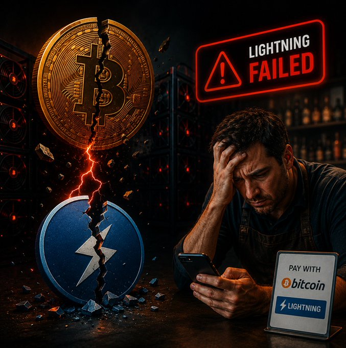 A dramatic illustration shows a distressed man holding a smartphone, with a split Bitcoin and Lightning coin, a red 'LIGHTNING FAILED' warning sign, and a 'PAY WITH bitcoin / LIGHTNING' sign.