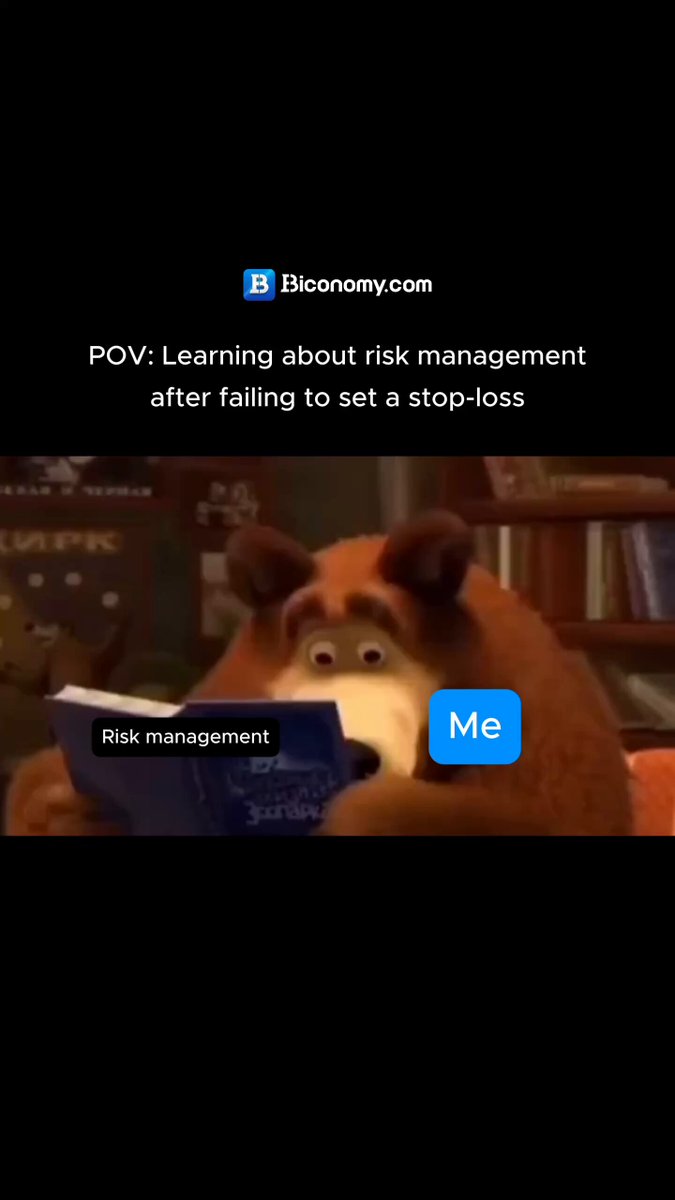 The image contains a picture of a brown bear with its head poking out of an open book, which appears to be about risk management. The caption underneath reads "Me before checking the chart: #BiconomyCom # CryptoMeme #CryptoTrading #TraderLife". This indicates that the bear is reading something related to risk management, possibly for educational purposes or as a fun meme shared by someone interested in this topic.