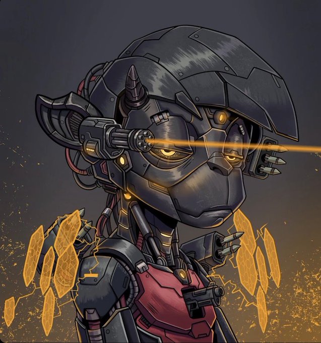 A digital illustration of a cybernetic robot with glowing yellow eyes, mechanical weaponry on its head, and a feminine humanoid face, set against a dark background with golden hexagonal energy patterns.