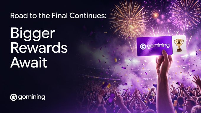 A promotional graphic for GoMining featuring a hand holding a "GoMining" card with a gold trophy icon against a backdrop of fireworks and a cheering crowd, with text reading "Road to the Final Continues: Bigger Rewards Await." The festive imagery of celebration and victory visually reinforces the post's message about heightened stakes in the Round of 16 competition and the grand prize rewards awaiting winners.