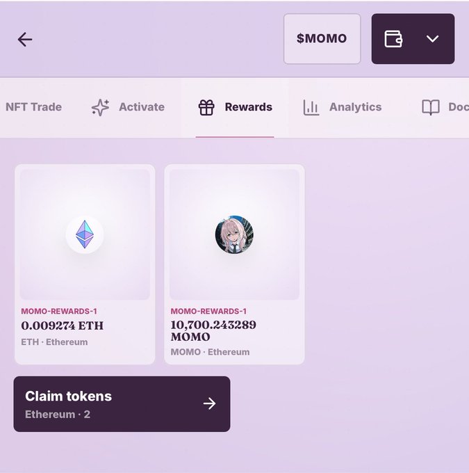 A mobile app interface for '$MOMO' showing a 'Rewards' tab with two items: 'MOMO-REWARDS-1' valued at 0.009274 ETH (Ethereum) and another at 10,700.243289 MOMO (MOMO · Ethereum), with a 'Claim tokens' button for Ethereum · 2.