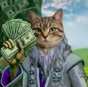 A cat wearing a chain necklace holds a fan of US dollar bills against a blue sky background, illustrating the post's theme of taking profits (income) from holding StonkFun's coin which provides USDC repayments.