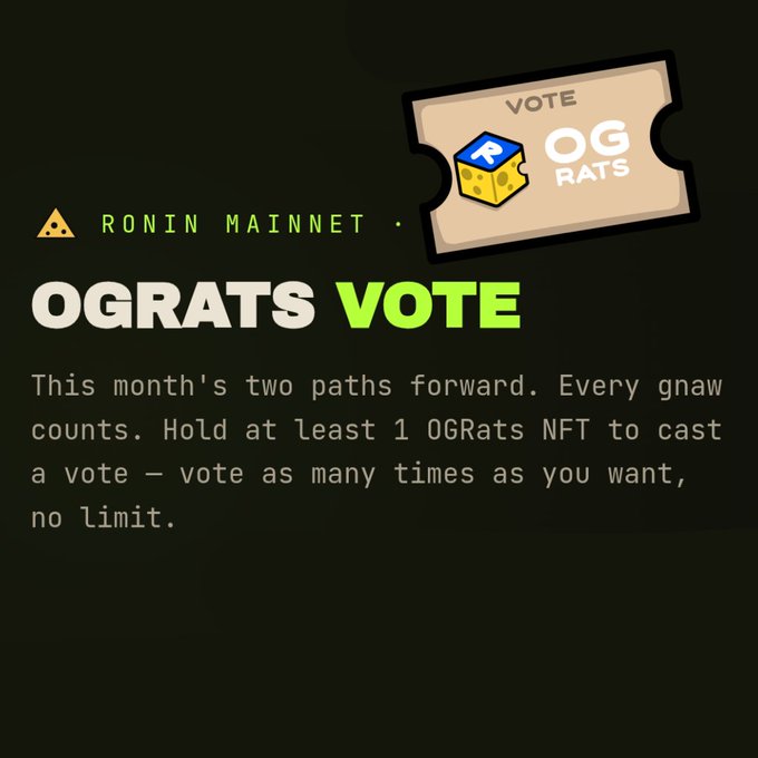 A black graphic announcing 'OGRATS VOTE' on 'RONIN MAINNET' instructs NFT holders to vote, stating 'This month's two paths forward. Every gnaw counts. Hold at least 1 OGRats NFT to cast a vote - vote as many times as you want, no limit.'