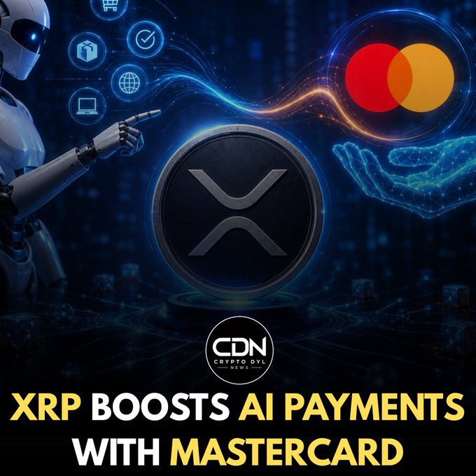A promotional graphic featuring an AI robot hand and a digital hand connecting through glowing energy streams to the XRP logo and Mastercard emblem, with the text "XRP BOOSTS AI PAYMENTS WITH MASTERCARD" and a "CDN Crypto DYL News" watermark. The image visually illustrates the post's claim of XRP's partnership with Mastercard to enhance AI-driven payment systems.