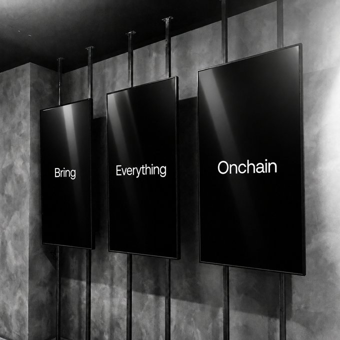 Three sleek black monitors mounted on poles display the words "Bring," "Everything," and "Onchain" in white text, echoing the post's message that assets, payments, agents, and markets are converging onto a unified onchain future rather than remaining fragmented.