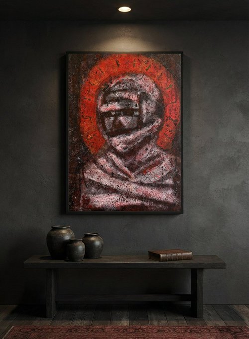 A framed abstract painting of an astronaut with a red halo hangs on a dark gray wall above a wooden bench holding black pottery and a brown book.
