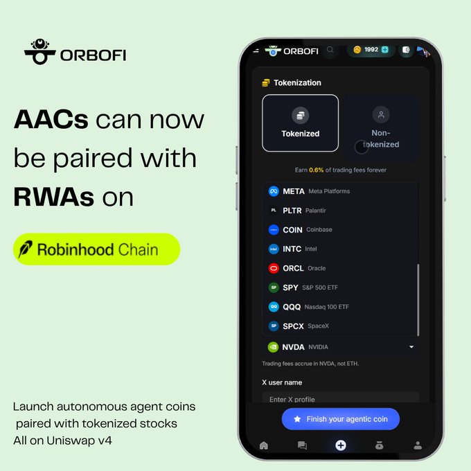 A promotional graphic from ORBOFI showing a phone screen with the text 'AACs can now be paired with RWAs on Robinhood Chain' alongside tokenized stock tickers like META, PLTR, COIN, INTC, ORCL, SPY, QQQ, SPCX, and NVDA.