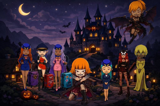 A group of anime-style female characters dressed as flight attendants and vampires gather in front of a gothic castle under a moonlit sky, with jack-o'-lanterns and luggage scattered around them. The image's eerie yet playful atmosphere aligns with the "GFT Love My Girls" NFT collection promotion on OpenSea, showcasing the diverse character designs featured in the series.