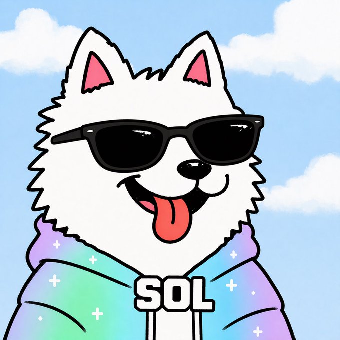 A cartoon white dog wearing black sunglasses and a pastel hoodie with 'SOL' on it smiles with its tongue out against a blue sky background.