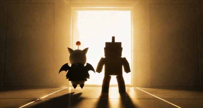 Silhouettes of a small dragon-like figure and a blocky robot stand before a brightly lit doorway, casting long shadows against the wall and floor.