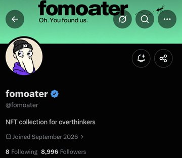 A Spotify profile page for 'fomoater' (@fomoater) shows a verified account with the bio 'NFT collection for overthinkers', 8 Following, and 8,996 Followers, joined September 2026.
