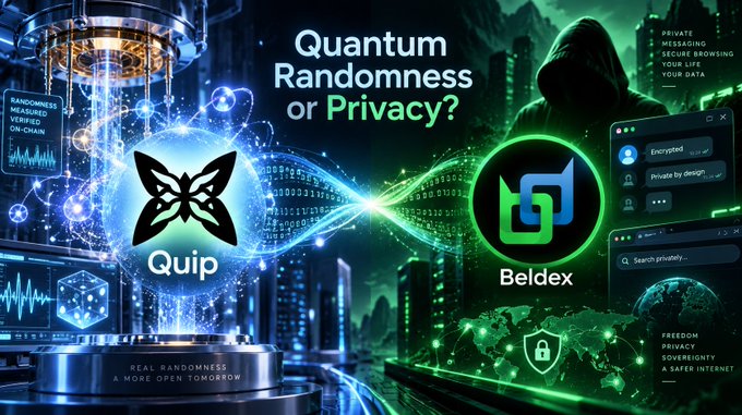 A digital graphic asking 'Quantum Randomness or Privacy?' comparing Quip (left) and Beldex (right), featuring a hooded figure and UI elements promoting encrypted messaging and private browsing.