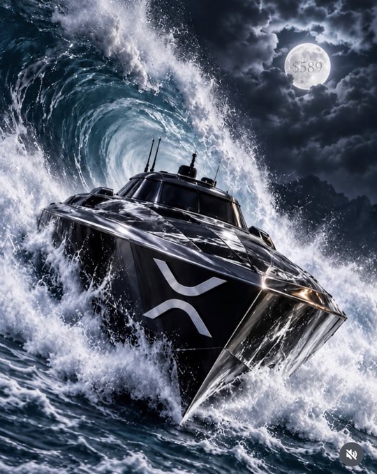 A dramatic digital illustration of a black speedboat with an XRP logo on its hull, crashing through a massive wave under a full moon.
