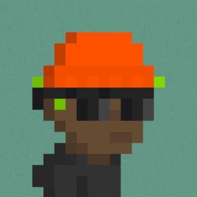 A pixel art portrait of a character with a bright orange cap, dark sunglasses, and brown skin set against a teal background.